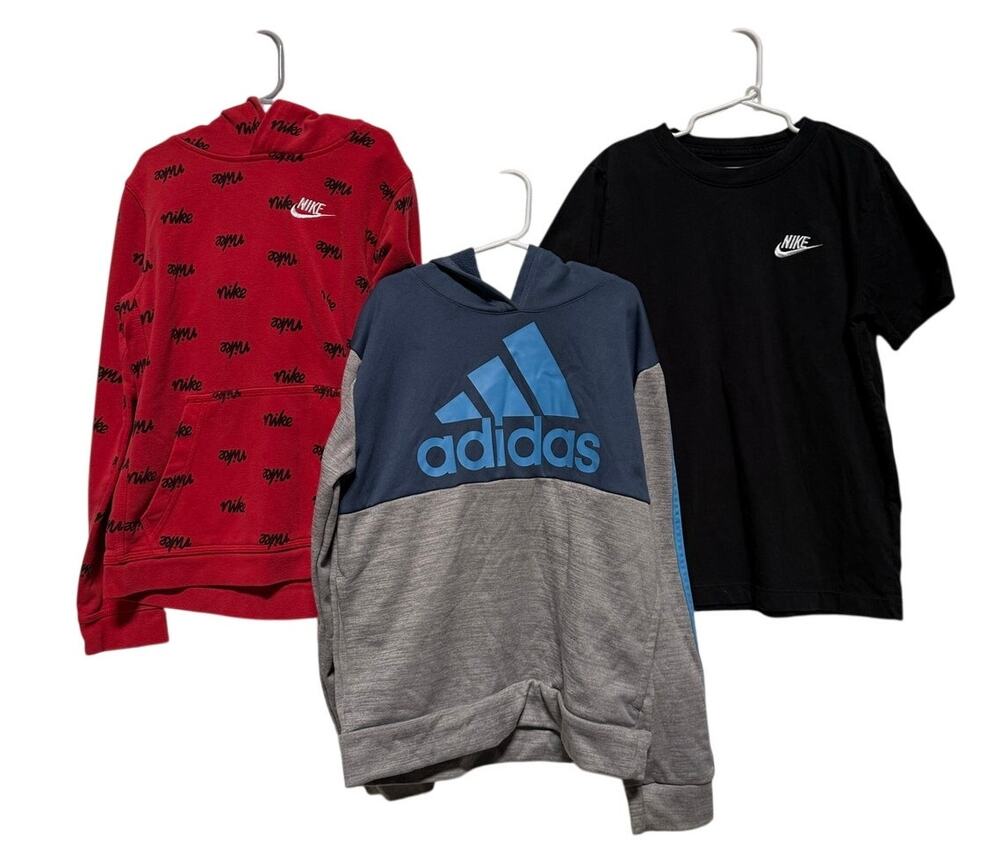 Adidas Nike Hoodie Shirt Lot Boys Medium Red, Gray (Black Short Sleeve)			BZ217